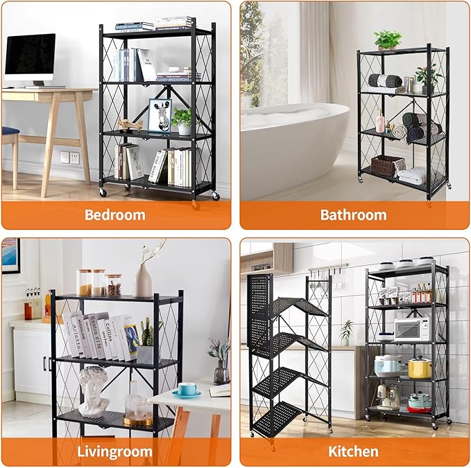 5-Tier Heavy Duty Foldable Metal Rack Storage Shelving Units 28" W x 14" D x 65" H for Kitchen Bakers Closet, Metal Wire,with Wheels Moving Easily