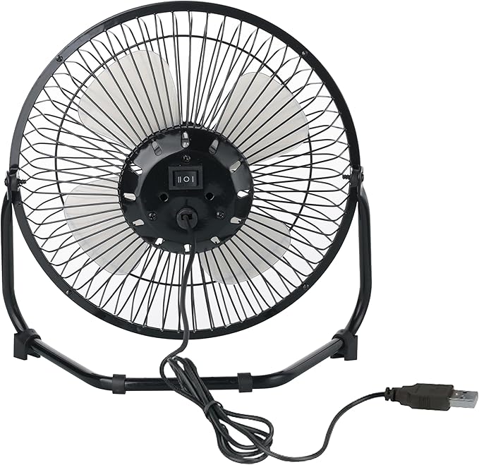 8” High Velocity Portable Fan, 2-Speed USB-Powered Floor or Table Fan with Adjustable Tilt and Steel Frame, Compact Cooling for Home, Office, or Workshop