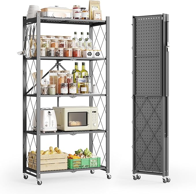 Fenbeli Foldable Storage Shelf 5 Tier, No Assembly Collapsible Shelves with Wheels & Hooks, Heavy Duty Metal Shelving Unit, Rolling Storage Rack Organizer for Kitchen Pantry Garage Small Spaces