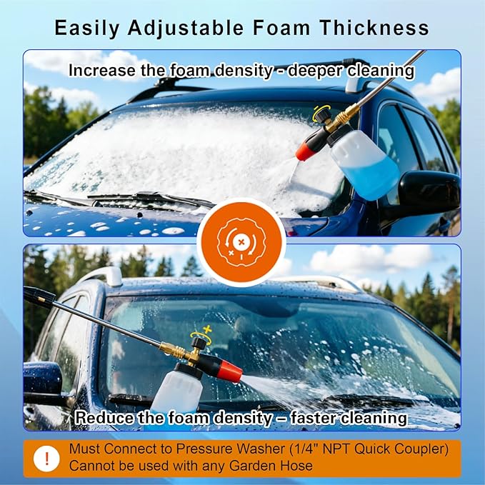 Foam Cannon, 1 Liter Heavy Duty Snow Foam Lance - Professional Car Foam Blaster with Wide Neck & 1/4" Quick Connector, 5 Pressure Washer Nozzle Tips Included