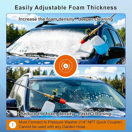 Foam Cannon, 1 Liter Heavy Duty Snow Foam Lance - Professional Car Foam Blaster with Wide Neck & 1/4" Quick Connector, 5 Pressure Washer Nozzle Tips Included