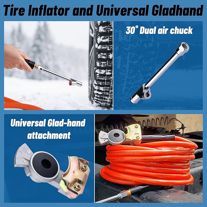 Truck Tire Inflator Kit, 3/8” x 50FT Hybrid Air Hose with 1/4" Chuck and 1/2" NPT Universal Gladhand Connection