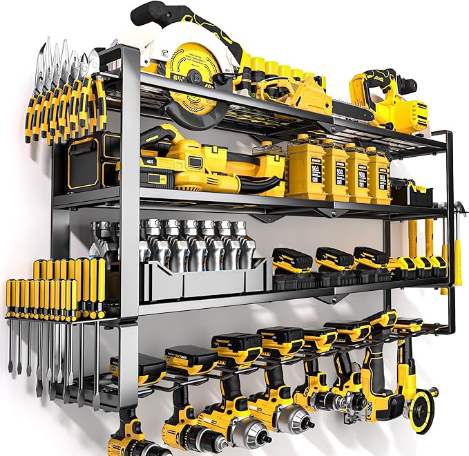MOOMSINE Large Power Tool Organizer Wall Mount, 4-Tier Heavy Duty Metal Storage Rack Loads 400lbs, Battery Tools Hanger with 8 Cordless Drill Holder for Garage, Workshop, Pegboard, Shed