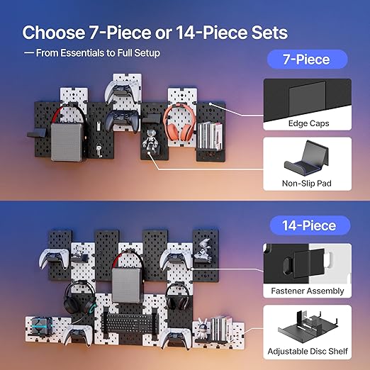 PEGZONE Controller and Headphone Holder Wall Mount, Modular Gaming Pegboard with Accessories, Controller Stand for Xbox PS5 PS4 Switch, Video Game Storage, Disc Shelf, 14pcs Pegboard, Black & White