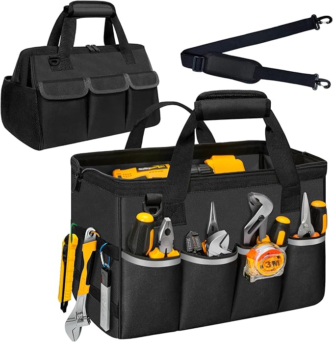 NECKORY Tool Bag, Portable Tool Box Organizer Adjustable Shoulder Strap, Carry Tool Tote Heavy Duty Tool Storage Bag With Wide Mouth,Tool Bags for Men Mechanic EngineerGift - M, Black