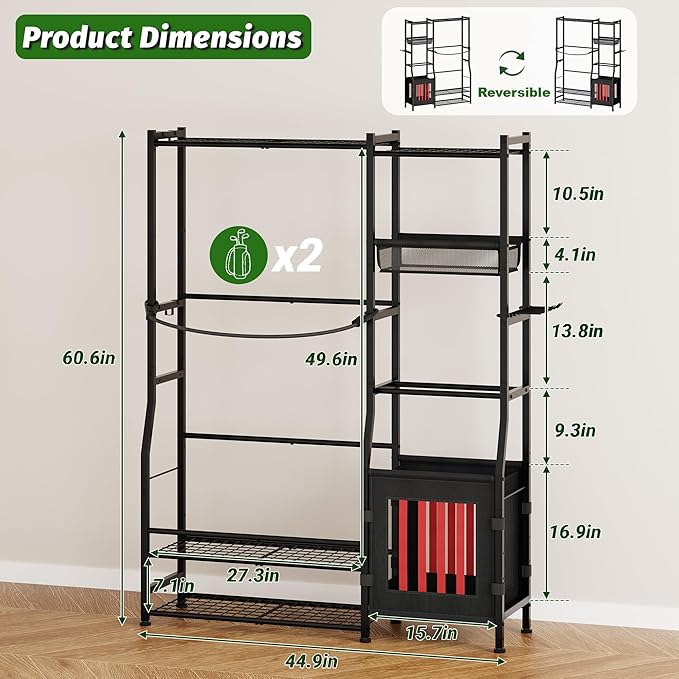 Sports Equipment Organizer Garage Organization , Golf Bag Storage Rack, Organizer for 2 Golf Bag , Indoor/Outdoor Ball Storage Bins for Toy Sports Gear Storage, Ideal for Home, Garage, Club, Basement