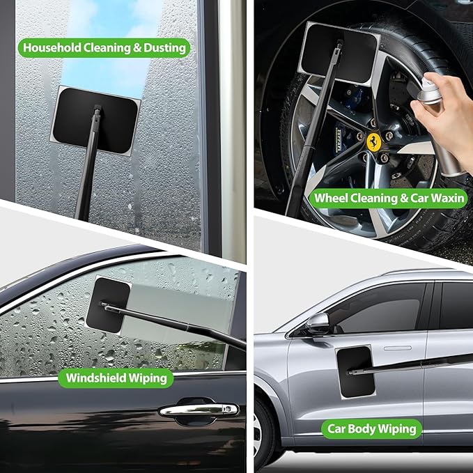 Car Windshield Cleaner Tool with Extendable Handle, Inside Auto Window Glass Cleaning Kit with 5 Washable Microfiber Pads, Streak-Free Defogger Wand for Deep Dashboards & SUVs