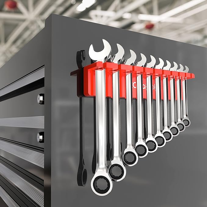 Olsa Tools Magnetic Wrench Organizer - Red - Holds SAE 3/8" to 15/16" & Metric 10mm to 19mm Wrenches - Durable Tool Storage Solution - Part 1003