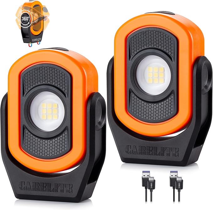 Magnetic Work Light – 780 Lumen Compact Pocket Light, Rechargeable 3000mAh, 360° Pivot, Durable & Portable for Mechanics & Jobsites (Orange, 2-Pack)