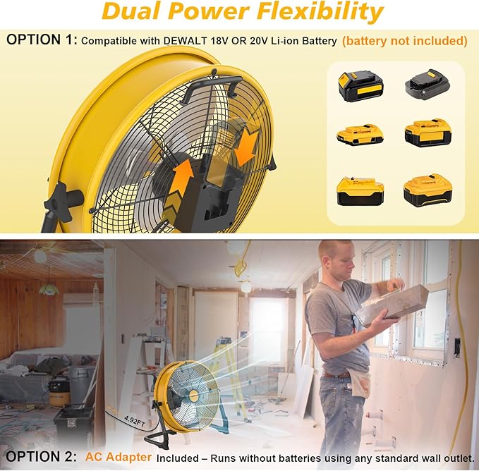 16" Battery Operated Floor Fan Compatible with Dewalt 20V Max Battery, Portable Fan with AC Adapter and USB Output, Metal Industrial High Velocity, Stepless Speed Cordless Fan for Jobsite Camping