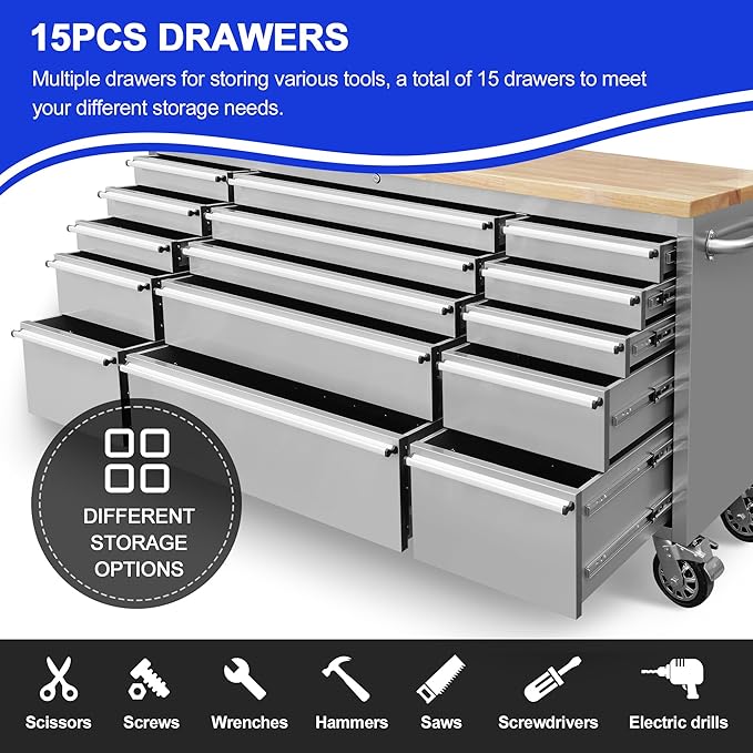72-Inch Stainless Steel Rolling Tool Box with 15 Drawers, Heavy-Duty Mobile Garage Workbench, Lockable Large Tool Chest Storage Cabinet with Wheels for Workshop