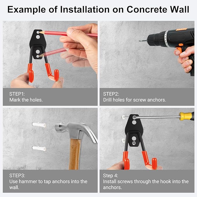 Steel Garage Hooks Wall Tool Organizer, 8 Pack Garage Storage Hook Heavy Duty Utility Storage Hangers Orange for Ladders, Ropes, Garden Tools