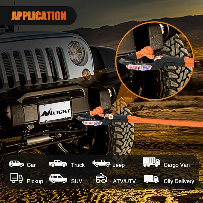 Nilight Kinetic Recovery Tow Rope Kit with 2 Soft Shackle 1" x 20ft Heavy Duty Offroad Tow Rope Snatch Strap Towing Strap kit 48,000LBS for UTV ATV SUV Truck Car Jeep Tractor
