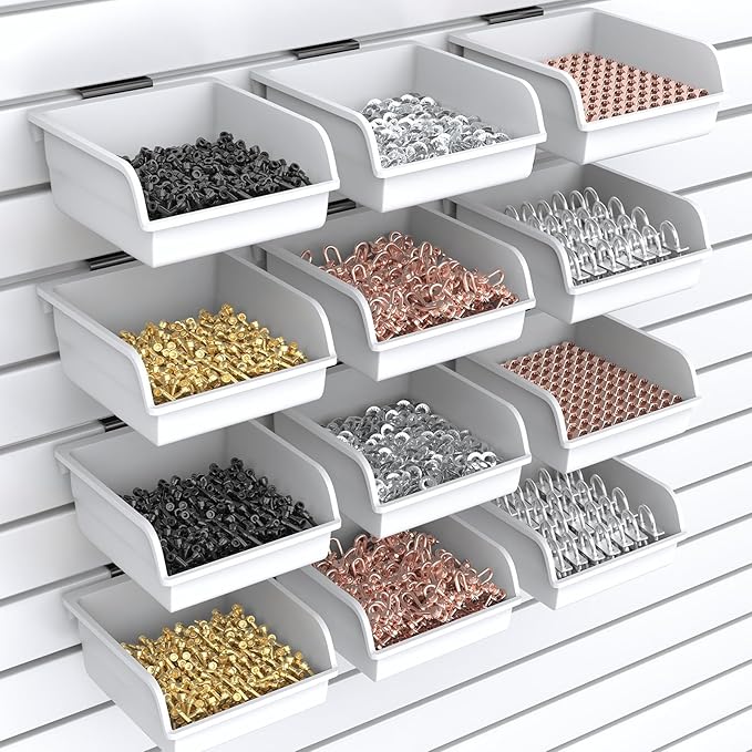 Slatwall Bins with Hooks Plastic Slatwall Organizer Slatwall Containers Workbench Bins for Slat Wall Organizing Hardware, Garage, Craft Room, Tool Shed, Hobby Supplies (12, White)