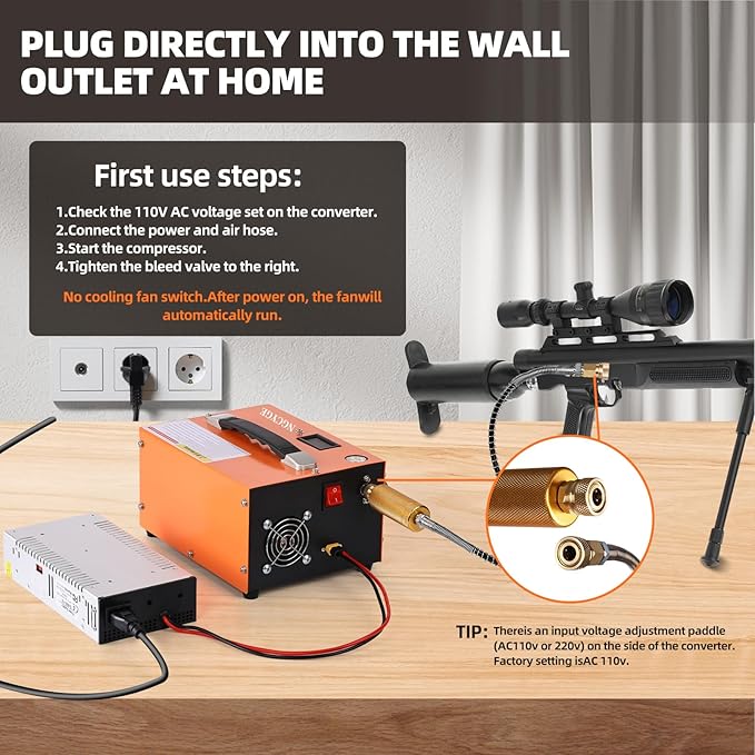 PCP air compressor, 4500 Psi / 30 Mpa, powered by 110V AC / 12V DC, manual stop, oil-free/water-free, built-in cooling fan, suitable for paintball shooting and PCP air guns