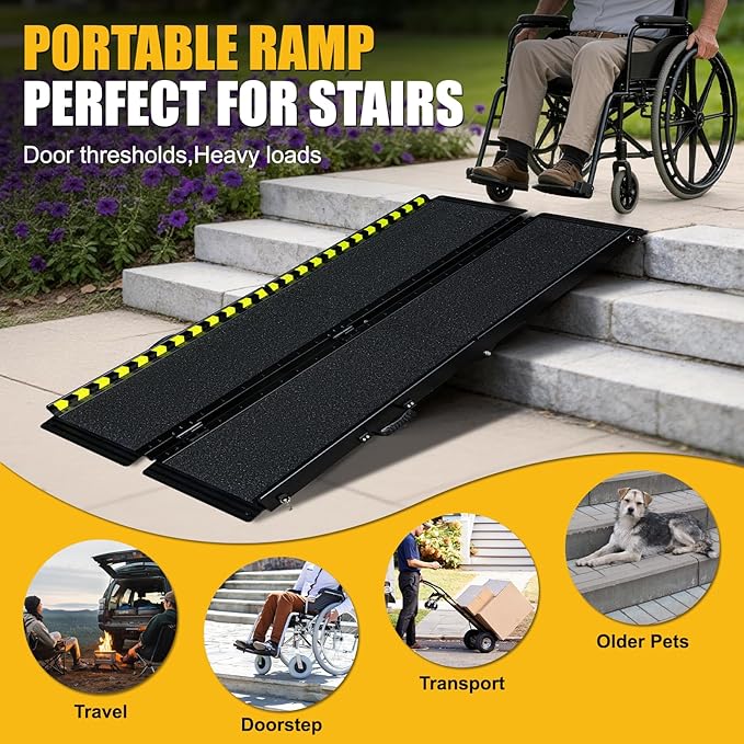 6 FT Portable Wheelchair Ramp - Non-Slip Aluminum Folding Handicap Ramp for Easy Door Threshold Access - Lightweight & Durable for Home Steps, Stairs, Doorways, Matte Black