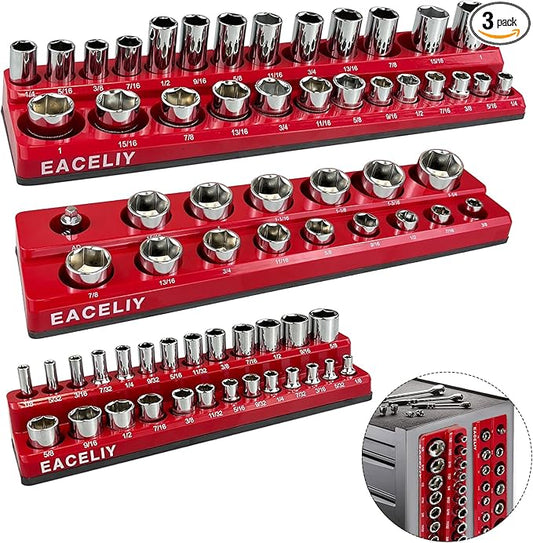 3Pcs 1/2", 1/4" and 3/8" Magnetic Socket Organizer Set,SAE Socket Holder Kit, Socket Trays，holds 68 Deep and Shallow 3/8" Sockets(sockets not included)