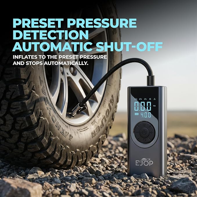 EJOP 150PSI Tire Inflator Portable Air Compressor, Air Pump for Car Tires with Digital Pressure Gauge, Cordless Pump for Car Motorcycle Bicycle Ball, LED Light, Auto Shut-Off,Dual Display,12V Adapter