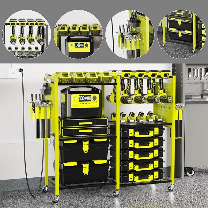 Heavy-Duty Power Tools Organizer Cart with Charging Power Strip, 6-Tier Rolling Utility Cart with 8 Hooks and 6 Load-Bearing Wheels, Garage Tool Storage Rack for Workshop for Men