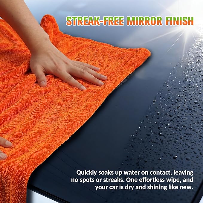 48”x24” Car Drying Towel, XXL Dual Sided Microfiber SUV Cleaning Towel 1300GSM Lint-Free & Scratch-Free Super Absorbent RV Drying Cloth Machine Washable (Black-BrightOrange)