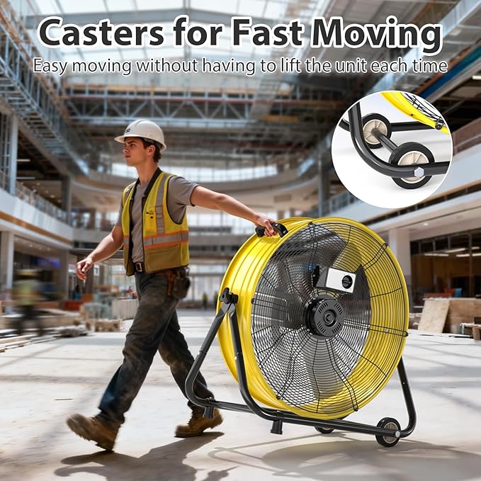 LifePlus 30'' Large Industrial Fan,14000 CFM High Velocity 3-Speed Heavy Duty Metal Air Circulator with 360° Tilt, Casters Handle, Ideal for Warehouse, Factory Workshops, Patios, Garage, Yellow