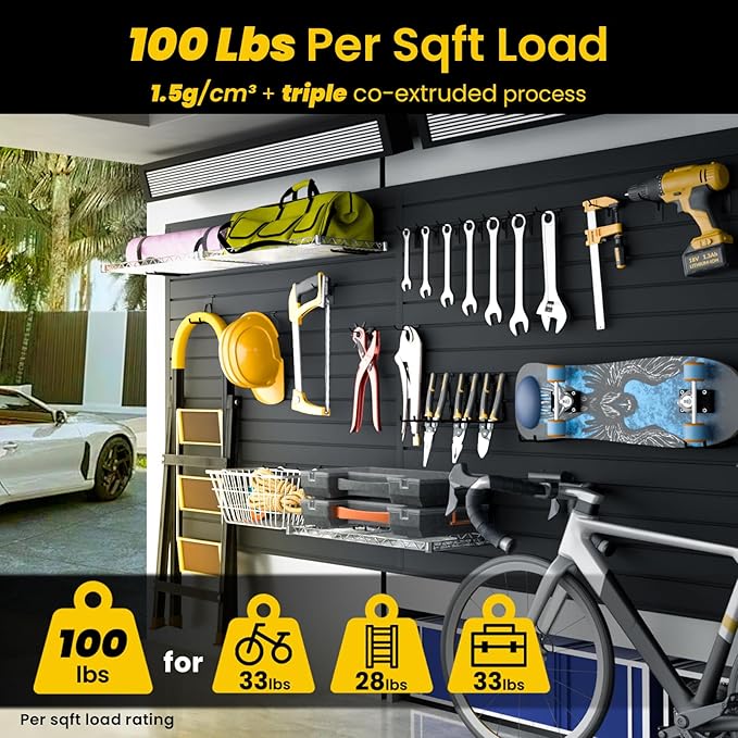 Slat Wall Paneling 4x2 FT, PVC Slat Wall Panels with 8 Hooks Heavy-Duty Garage Organization System, Slatwall Pegboard Suitable for Home、Garage、Shop Wall Display & Organization (Black)