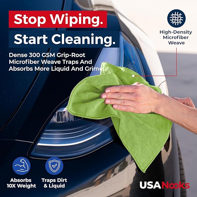 USANOOKS Microfiber Cleaning Cloth Light Green - 12 Pcs 12.5"x12.5" - High Performance - 1200 Washes, Ultra Absorbent Towels Weave Grime & Liquid for Streak-Free Mirror Shine - Car Washing Cloth