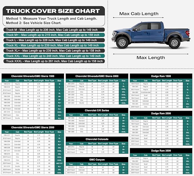 16 Layers Truck Cover Waterproof All Weater - See Vehicle Size Chart - Heavy Duty Outdoor Truck Pickup Cover for Chevrolet Colorado, Toyota Tacoma/Tundra etc. Length up to 215 inch.