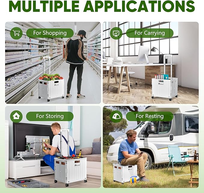 Folding Utility Cart with Lid, Portable Rolling Crate Handcart Collapsible Shopping Trolley, Durable Plastic Foldable Tool Basket with 4 Rotate Wheels for Grocery, Office, Luggage, School - White