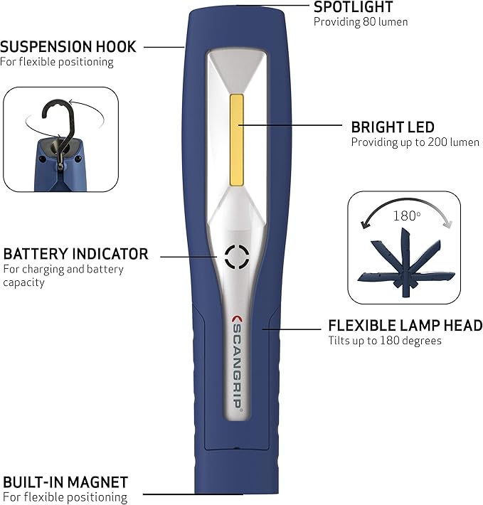 SCANGRIP MINI MAG PRO, Rechargeable COB LED Work Light and Flashlight in one, 200 Lumen, Handheld, Multipurpose Spotlight, Stepless Dimmer, Built-in Magnet and Retractable Hook, Long Operating Time