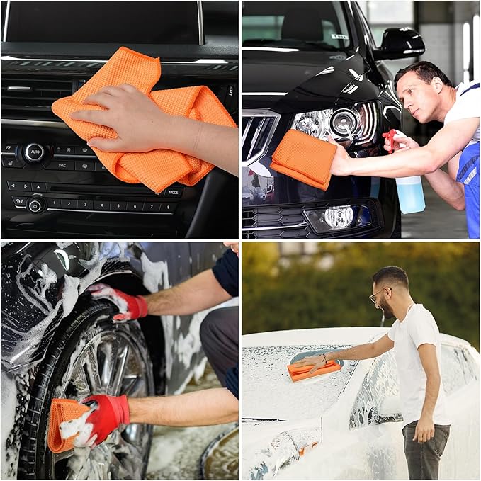 12 Pcs Microfiber Waffle Weave Towels Cleaning Cloths 16 x 16 Inch Car Wash Towel Microfiber Drying Cloth Absorbent Lint Free Rags for Glass Car Cleaning Detailing Window Household Kitchen Auto Orange