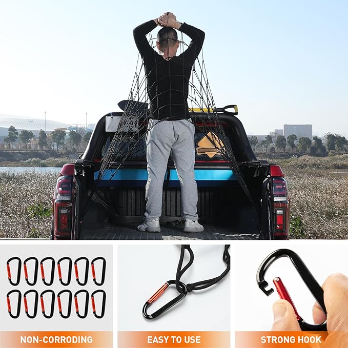 Suu66 Heavy Duty Cargo Net for Pickup Truck Bed - 4' x 6' Stretches to 12' x 18' - Sturdy Latex Bungee Net Mesh - with 12 Metal Carabiners - Truck Bed Accessories for Dodge RAM, Ford, Chevy, Toyota