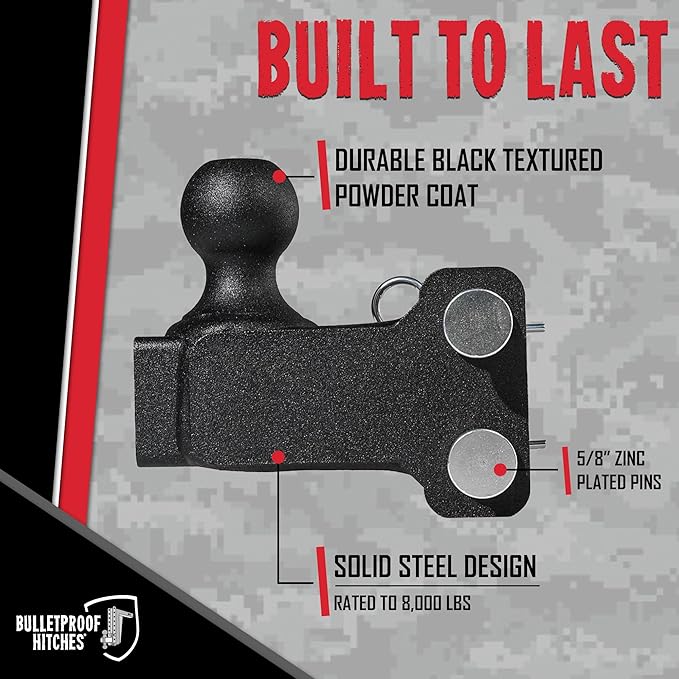 BulletProof Hitches - Adjustable Trailer Hitch 1-7/8" Single Ball Mount - Replacement 1-7/8" Ball Hitch Rated up to 8,000 lbs - Solid Steel, Corrosion Resistant, Black Powder Coat