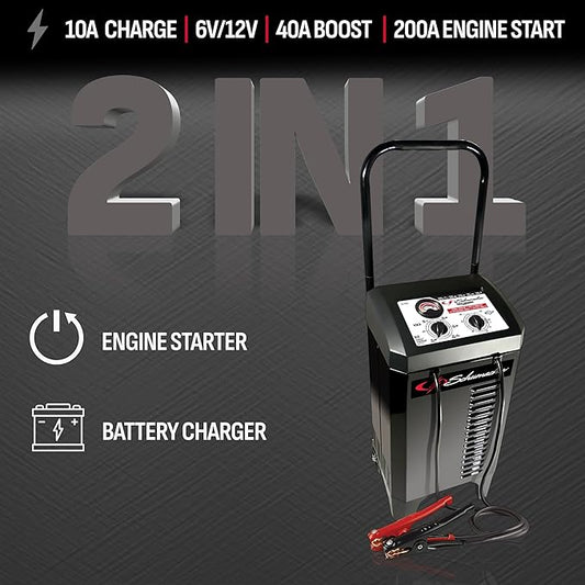 Schumacher Electric Wheeled Manual 10A Car Battery Charger and 200A Engine Starter, 2-in-1 Solution, 40A Boost, for 6V/12V Power Sport, Automotive, and Marine Batteries, SC1446