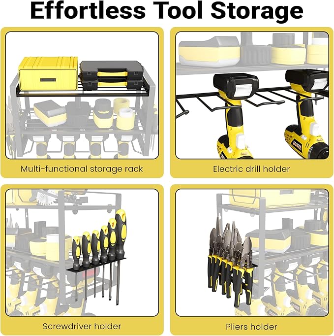 Power Tool Organizer Wall Mount, 3-Tier Heavy Duty Metal Rack Loads 180lbs with 4 Drill Holders and Side Hooks, Tool Battery Utility Rack Suitable Garage﻿