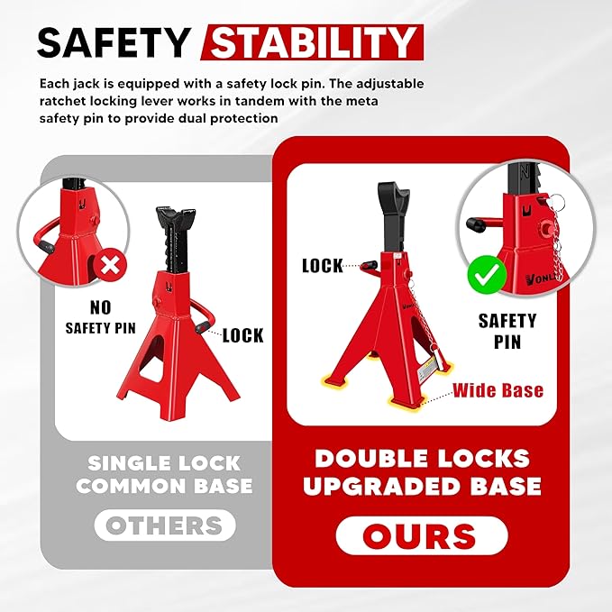 Car Jack Stands 3 Ton Adjustable Auto Floor Jackstands with Double Locking and Large Foot Base for Lifting SUVS, Heavy Duty Carbon Steel 6,000 lb Capacity 2 Pack