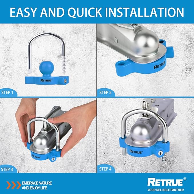 RETRUE Universal Coupler Lock Trailer Locks Ball Hitch Trailer Hitch Lock Adjustable Security Heavy-Duty Steel Fits 1-7/8 Inch, 2 Inch, 2-5/16 Inch Couplers, Baby Blue