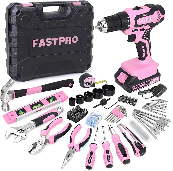FASTPRO 177-Piece 20V Pink Cordless Lithium-ion Drill Driver and Home Tool Set, Lady's Home Repairing Tool Kit with Drill in Storage Case
