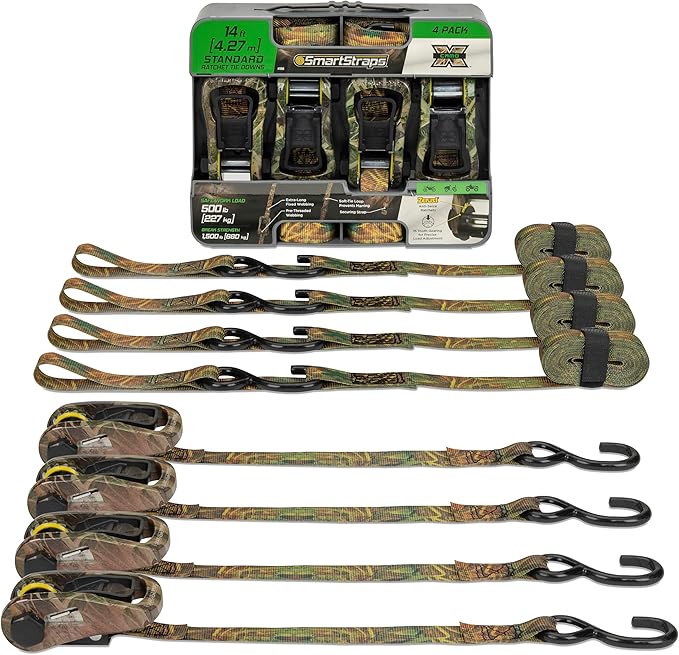 SmartStraps 14’ Camo X Ratchet Straps, 4 Pack — Standard Duty Camo Ratchet Straps, 1,500lb Break Strength, 500lb Safe Work Load — Haul Dirt Bikes, ATVs, and Lawn Tractors with Patented Technology