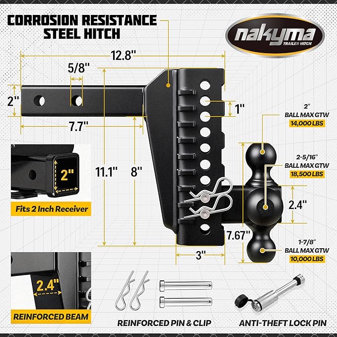 Adjustable Drop Hitch, 8 Inch Drop Tri Ball Mount(1-7/8'', 2''&2-5/16''), Max 18,500 LBS GTW-Truck Trailer Hitch with Double Anti-Theft Pins Locks, Fits 2-Inch Receiver