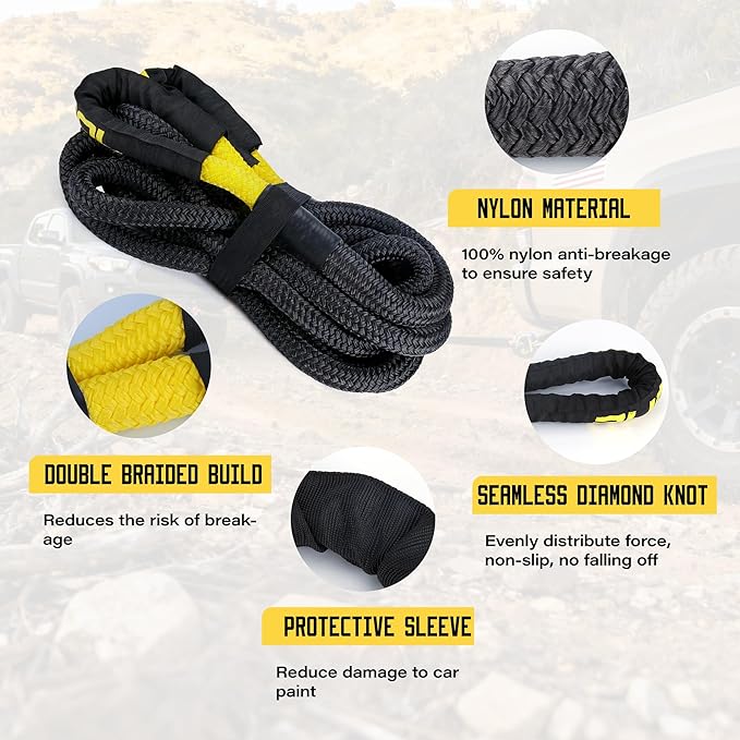 Rugtol Kinetic Recovery Rope, 1 inch x 30 Feet Heavy Duty Kinetic Tow Ropes with 2Pcs Soft Shackles 30864 LBS Break Strength, Snatch Towing Strap Rope Kit for Offroad Vehicle Truck ATV UTV Car Tractor