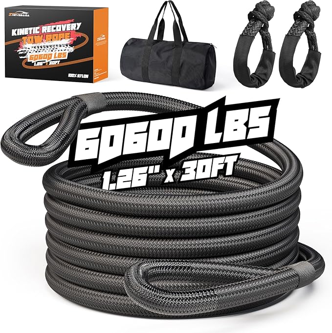 Kinetic Recovery Rope,1.26" x30ft Heavy Duty Offroad Tow Rope/60600 lbs Snatch Strap with Soft Shackles, 100% Nylon Offroad Towing Straps Kit for Truck ATV UTV SUV Jeep Car Tractor - Black