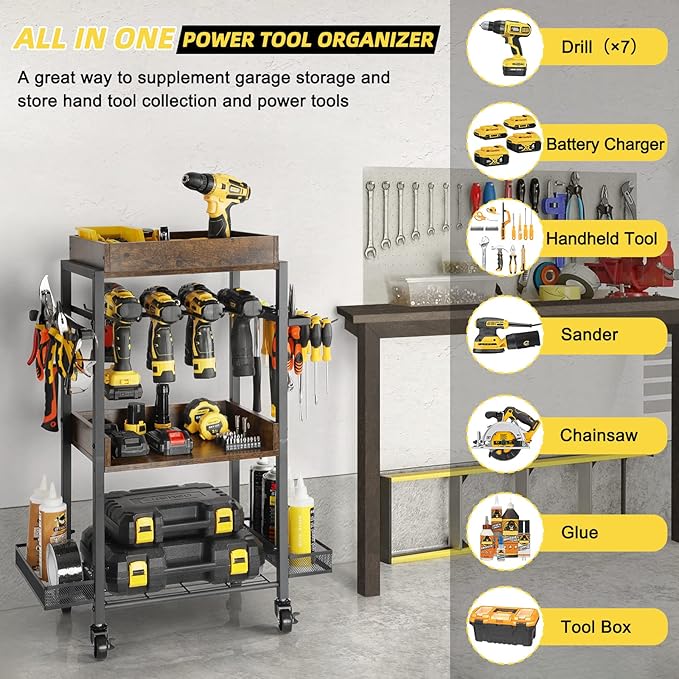 Olakee Power Tool Organizer Garage Storage Organization Shelving Tool Holder Drill Rack Shelf Rolling Cart Open Tool Chest Cabinet Box Organizer with Wheels Workshop Garage Gift Ideas for Men Dad