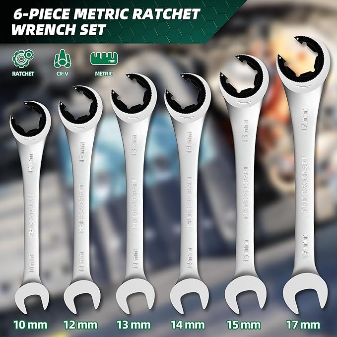 PRIDE&CRAFT 6-Piece Ratcheting Flare Nut Wrench Set, Metric Tubing Wrench Set, 10-17mm, CR-V Steel, Open-head Brake Line Wrench Set with Organizer Pouch