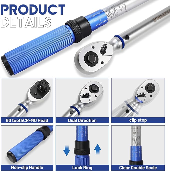 3/4-Inch Drive Click Torque Wrench, Dual-Direction Click Professional Torque Wrench 100-400FT.LB/136-542N.m, Dual Range Scales Graduated in FT.LB and N.M