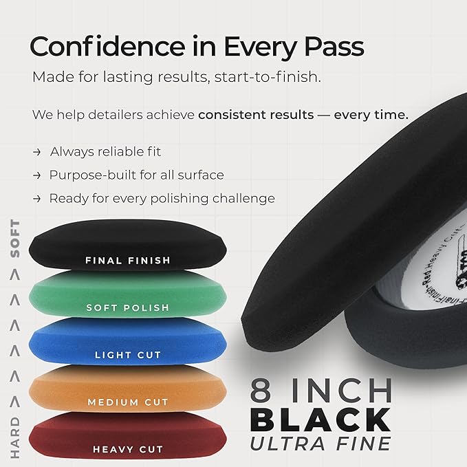 TCP Global 8" Black Foam Buffing Pad Extra Fine Finishing Polish Hook and Loop Backing - Buffing Pad for Automotive, Marine, Truck, RV & Compound Cutting