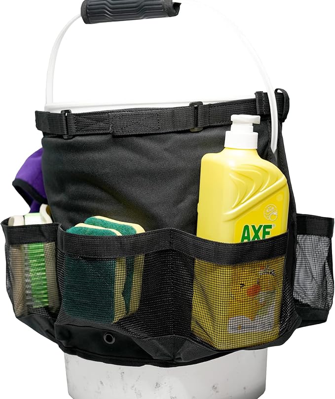 KUNN Car Wash Bucket Tool Organizer for 5 Gallon Bucket with Towel Holder Ring,Soap Pockets Cleaning Bucket Organizer Water-Resistant Mesh Pockets for Clean Supplier,Car Wash Supplier Black