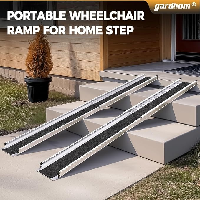 gardhom 1Pair 4FT Adjustable Wheelchair Ramp 48" L x 7.4" W Telescopic Ramps for Wheelchairs 600lbs Portable Wheelchair Ramps for Steps Home Threshold Doorways Steps Stairs with Carrying Bag