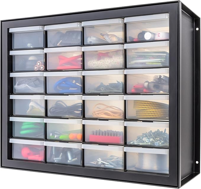 IRIS USA Plastic Storage Drawers, Made in USA, 24-Drawer Small Parts Organizer, Stackable Teacher Toolbox for Hardware, Screws, Nuts & Bolts, Stickers, Beads, Building Bricks, Garage Storage – Black
