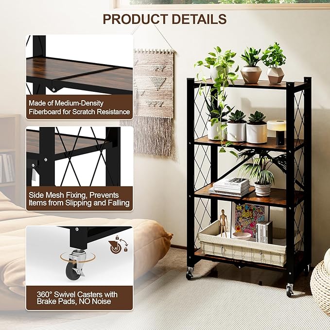 4 Tier Folding Shelf with Wheels, Wood and Metal Bookshelf, no Assembly Foldable Storage Shelves, Vintage Storage Rack for Living Room, Bedroom, and Home Office